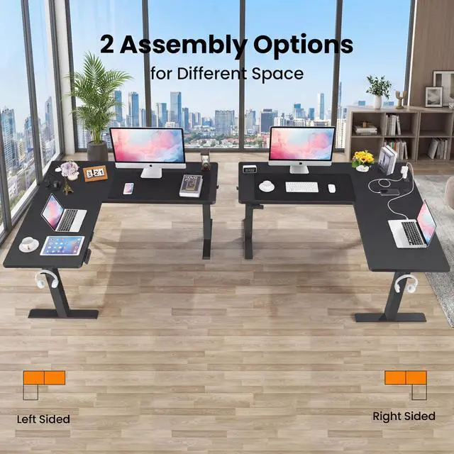 Alt view image 6 of 7 - 63x55 Inch L Shaped Standing Desk with Outlets, Electric Adjustable Height Stand Up Desk, Corner sit Stand Desk with Mouse Pad, Hook, Home Office Writing Gaming Computer Workstation,Black