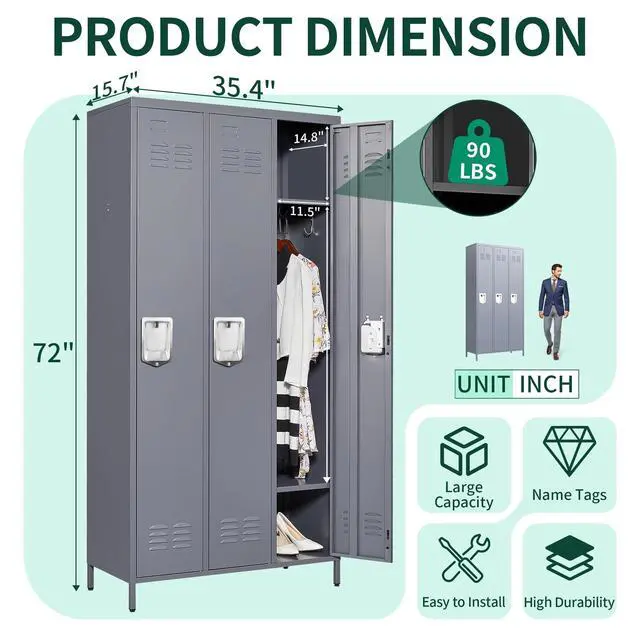 Alt view image 3 of 7 - 3 Doors Steel Locker Cabinet | Secure Employee & Multi-Purpose Storage for Office, Gym, School & Home | Space-Saving Design, Easy Assembly, Dark Grey