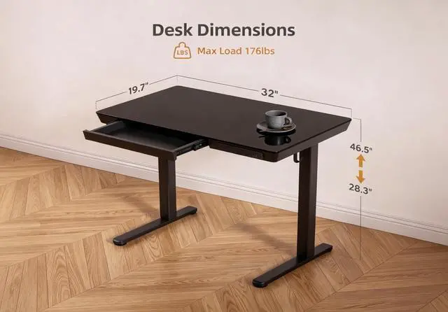 Alt view image 3 of 7 - Small Glass Standing Desk with Drawers & USB Ports 32x19 Black | 3 Steps Quick Install, Buil in Drawer, USB Ports, Ultra White One-Piece Glass Top, Writable Top