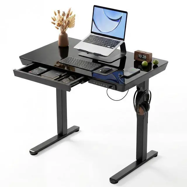 Main image of Small Glass Standing Desk with Drawers & USB Ports 32x19 Black | 3 Steps Quick Install, Buil in Drawer, USB Ports, Ultra White One-Piece Glass Top, Writable Top