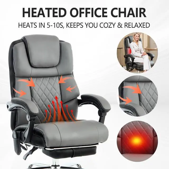Alt view image 6 of 6 - Massage Office Chair with Heat & Footrest,Heated Comfy Reclining Desk Chair with Vibration,Executive Big and Tall Chairs for Heavy People,Adjustable Height Black Grey
