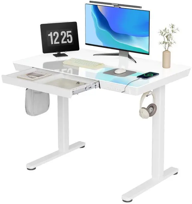 Main image of Glass Standing Desk with Drawers & USB Ports 40x24 Inch, White | 3 Steps Quick Install, 2 Zones Drawer, USB Ports, Ultra White One-Piece Glass Top, Writable Top