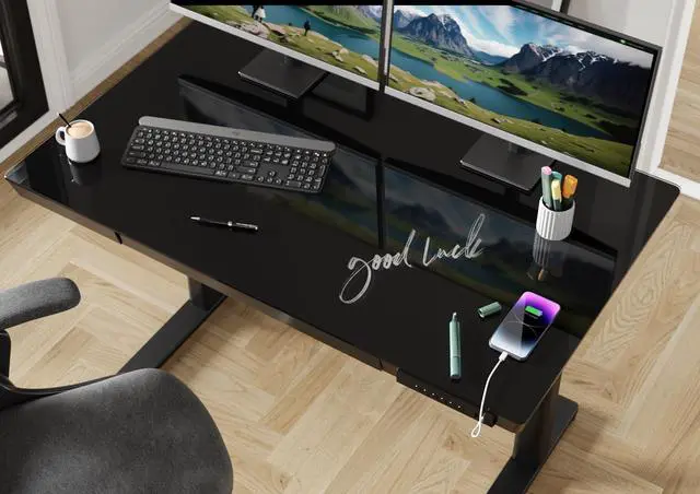 Alt view image 4 of 7 - Small Glass Standing Desk with Drawers & USB Ports 35x19 Black | 3 Steps Quick Install, Buil in Drawer, USB Ports, Ultra White One-Piece Glass Top, Writable Top