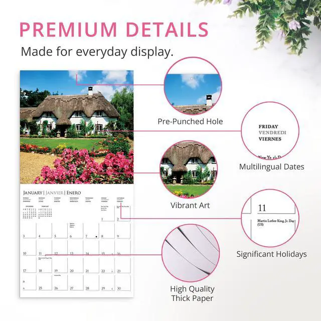 Alt view image 5 of 7 - Cottages 2027 Wall Calendar | 12 x 12 | Thick Paper | Home & Office Organizer | Large Monthly Grid | 3 Languages & Marked Holidays | 4 Month Preview Page for 2028