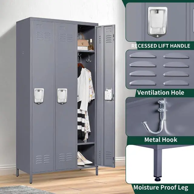 Alt view image 4 of 7 - 3 Doors Steel Locker Cabinet | Secure Employee & Multi-Purpose Storage for Office, Gym, School & Home | Space-Saving Design, Easy Assembly, Dark Grey