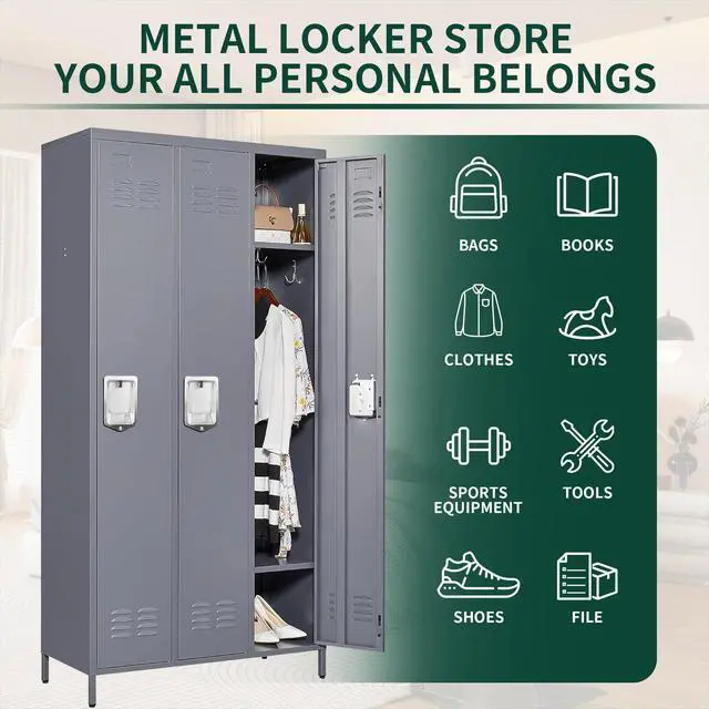 Alt view image 5 of 7 - 3 Doors Steel Locker Cabinet | Secure Employee & Multi-Purpose Storage for Office, Gym, School & Home | Space-Saving Design, Easy Assembly, Dark Grey