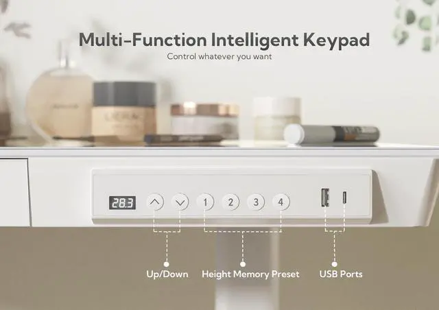Alt view image 4 of 7 - Glass Standing Desk with Drawers & USB Ports 40x24 Inch, White | 3 Steps Quick Install, 2 Zones Drawer, USB Ports, Ultra White One-Piece Glass Top, Writable Top