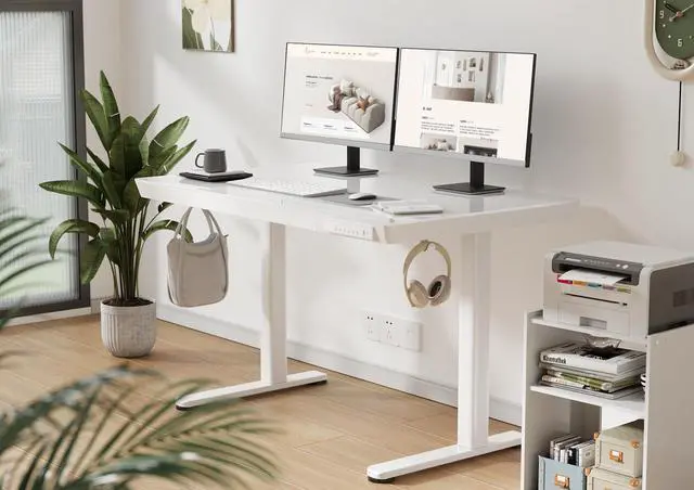 Alt view image 2 of 7 - Glass Standing Desk with Drawers & USB Ports 48x24 Inch, White | 3 Steps Quick Install, 2 Zones Drawer, USB Ports, Ultra White One-Piece Glass Top, Writable Top