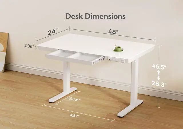 Alt view image 3 of 7 - Glass Standing Desk with Drawers & USB Ports 48x24 Inch, White | 3 Steps Quick Install, 2 Zones Drawer, USB Ports, Ultra White One-Piece Glass Top, Writable Top