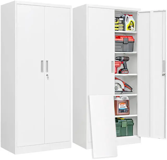 Main image of Metal Garage Storage Cabinet with Locking Doors and 5 Adjustable Shelves, White Tall Storage Cabinets, Tool File Lockable Cabinet for Garage Office Warehouse Shop(71H)