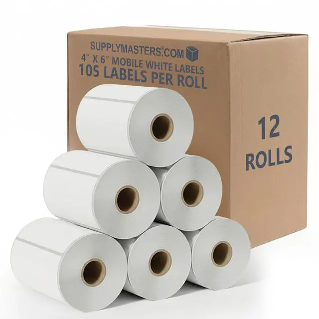 Main image of Mobile Printer Labels 4x6 - Printable Thermal Shipping Address Labels Compatible with Zebra Printers - Thermal Label Printer Paper 0.75-inch core with 105 Labels per Roll (12 Rolls)