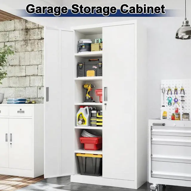 Alt view image 2 of 7 - Metal Garage Storage Cabinet with Locking Doors and 5 Adjustable Shelves, White Tall Storage Cabinets, Tool File Lockable Cabinet for Garage Office Warehouse Shop(71H)