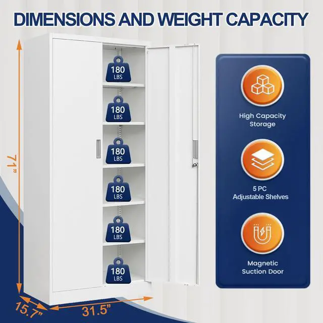 Alt view image 3 of 7 - Metal Garage Storage Cabinet with Locking Doors and 5 Adjustable Shelves, White Tall Storage Cabinets, Tool File Lockable Cabinet for Garage Office Warehouse Shop(71H)
