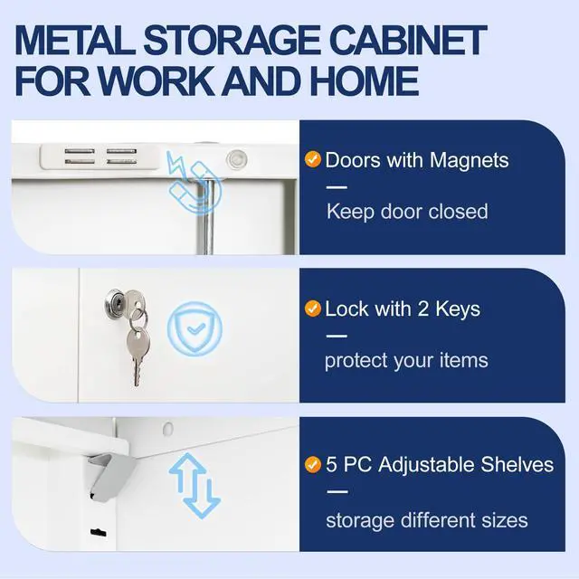Alt view image 4 of 7 - Metal Garage Storage Cabinet with Locking Doors and 5 Adjustable Shelves, White Tall Storage Cabinets, Tool File Lockable Cabinet for Garage Office Warehouse Shop(71H)