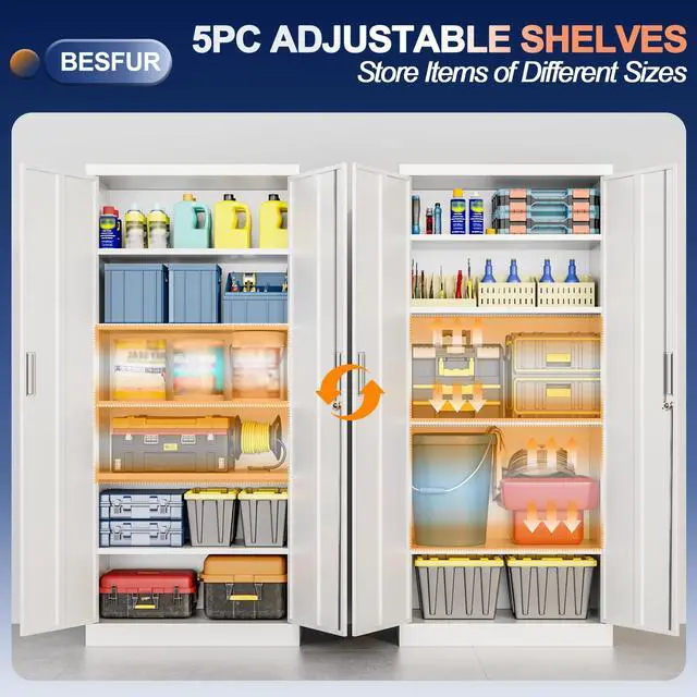 Alt view image 5 of 7 - Metal Garage Storage Cabinet with Locking Doors and 5 Adjustable Shelves, White Tall Storage Cabinets, Tool File Lockable Cabinet for Garage Office Warehouse Shop(71H)