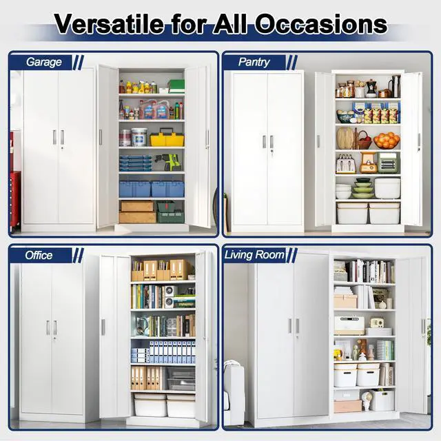 Alt view image 6 of 7 - Metal Garage Storage Cabinet with Locking Doors and 5 Adjustable Shelves, White Tall Storage Cabinets, Tool File Lockable Cabinet for Garage Office Warehouse Shop(71H)