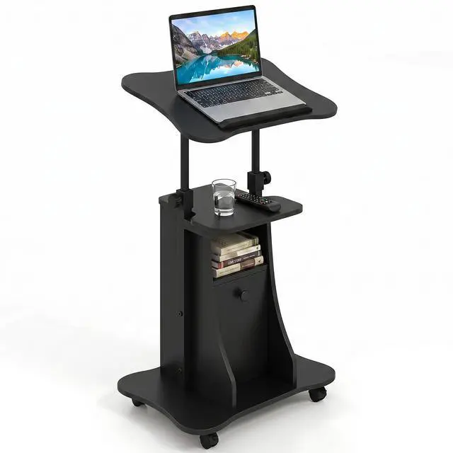 Main image of Rolling Lectern Podium Stand, Height Adjustable Laptop Table with Tilting Tabletop & Storage Shelves, Compact Standing Desk with Lockable Casters for Home Office School (Black)
