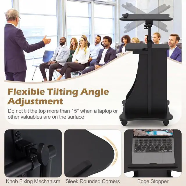 Alt view image 3 of 7 - Rolling Lectern Podium Stand, Height Adjustable Laptop Table with Tilting Tabletop & Storage Shelves, Compact Standing Desk with Lockable Casters for Home Office School (Black)