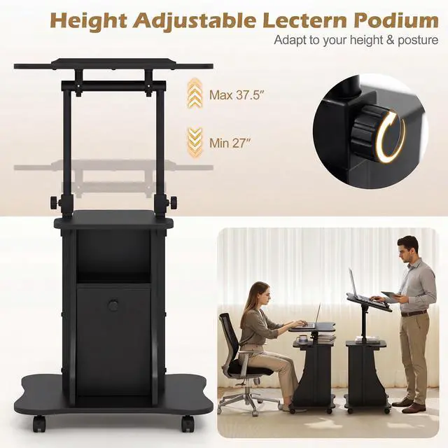 Alt view image 2 of 7 - Rolling Lectern Podium Stand, Height Adjustable Laptop Table with Tilting Tabletop & Storage Shelves, Compact Standing Desk with Lockable Casters for Home Office School (Black)