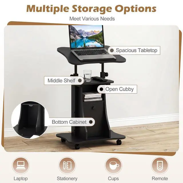 Alt view image 4 of 7 - Rolling Lectern Podium Stand, Height Adjustable Laptop Table with Tilting Tabletop & Storage Shelves, Compact Standing Desk with Lockable Casters for Home Office School (Black)