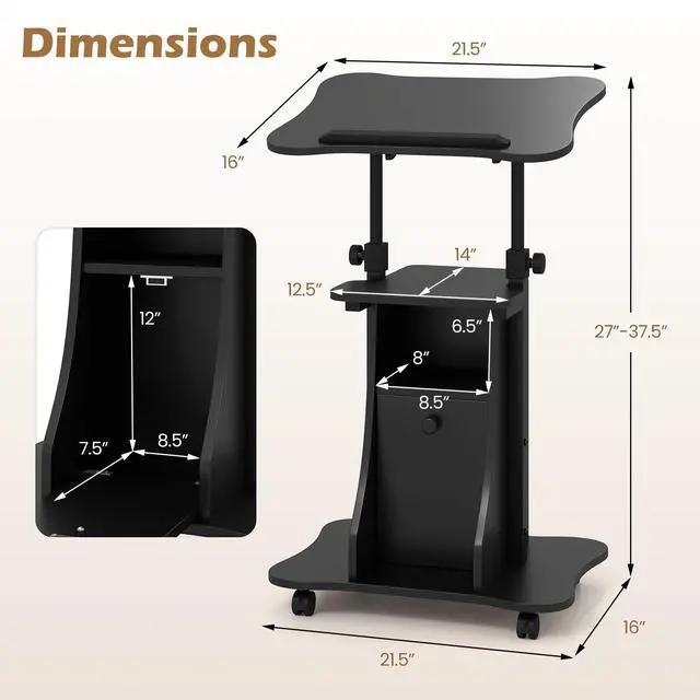 Alt view image 6 of 7 - Rolling Lectern Podium Stand, Height Adjustable Laptop Table with Tilting Tabletop & Storage Shelves, Compact Standing Desk with Lockable Casters for Home Office School (Black)