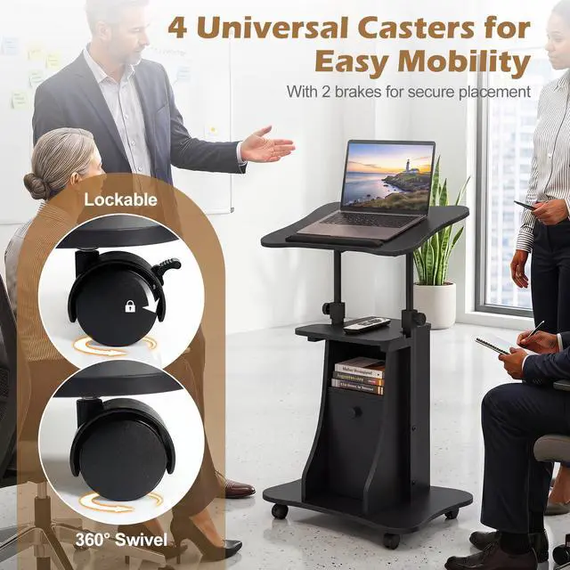 Alt view image 5 of 7 - Rolling Lectern Podium Stand, Height Adjustable Laptop Table with Tilting Tabletop & Storage Shelves, Compact Standing Desk with Lockable Casters for Home Office School (Black)