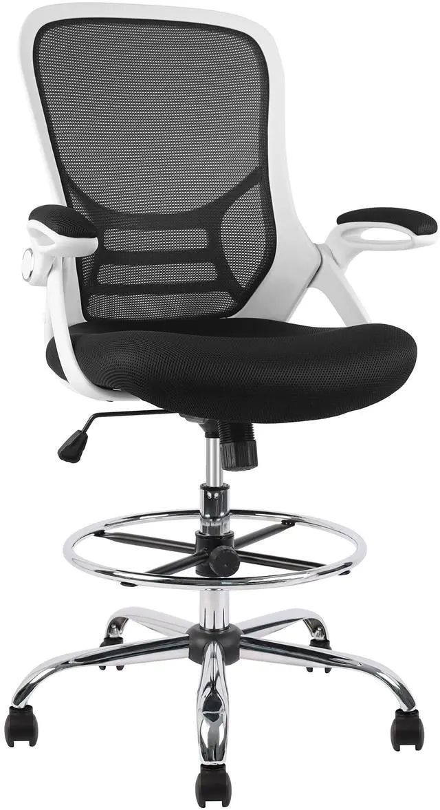 Main image of Drafting Chair, Tall Office Chair Mesh Standing Desk Stool with Adjustable Foot Ring, Flip-Up Arms, White & Black