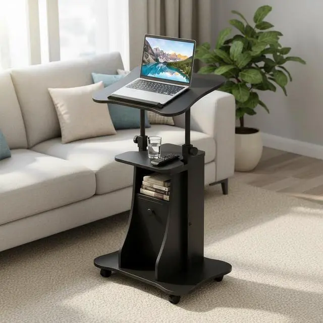 Alt view image 7 of 7 - Rolling Lectern Podium Stand, Height Adjustable Laptop Table with Tilting Tabletop & Storage Shelves, Compact Standing Desk with Lockable Casters for Home Office School (Black)