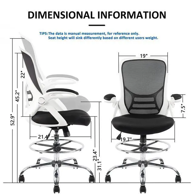 Alt view image 3 of 7 - Drafting Chair, Tall Office Chair Mesh Standing Desk Stool with Adjustable Foot Ring, Flip-Up Arms, White & Black
