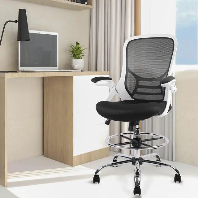Alt view image 2 of 7 - Drafting Chair, Tall Office Chair Mesh Standing Desk Stool with Adjustable Foot Ring, Flip-Up Arms, White & Black