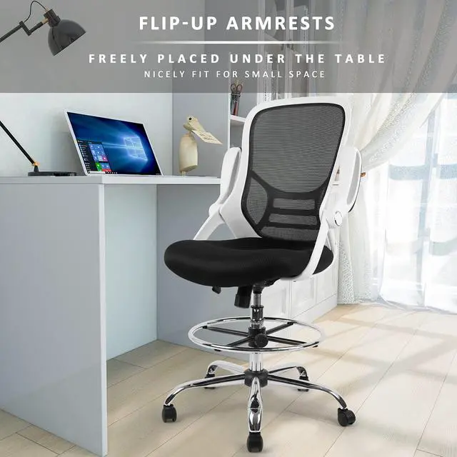 Alt view image 4 of 7 - Drafting Chair, Tall Office Chair Mesh Standing Desk Stool with Adjustable Foot Ring, Flip-Up Arms, White & Black