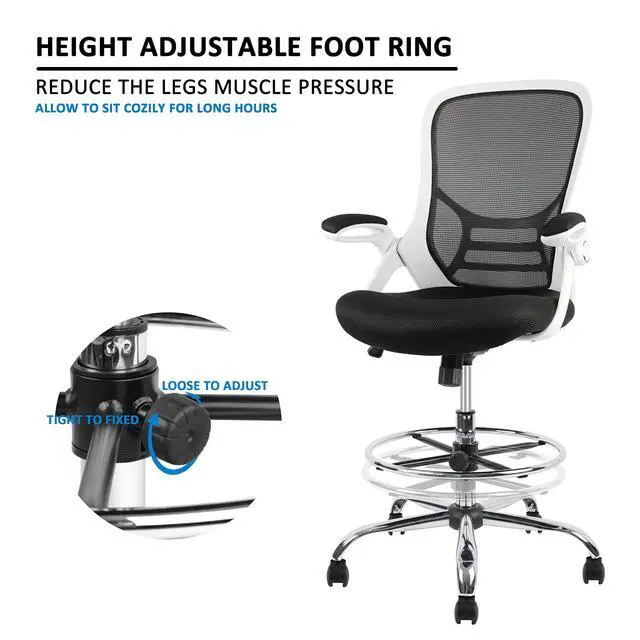 Alt view image 5 of 7 - Drafting Chair, Tall Office Chair Mesh Standing Desk Stool with Adjustable Foot Ring, Flip-Up Arms, White & Black