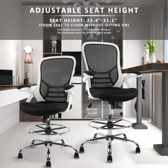 Alt view image 6 of 7 - Drafting Chair, Tall Office Chair Mesh Standing Desk Stool with Adjustable Foot Ring, Flip-Up Arms, White & Black