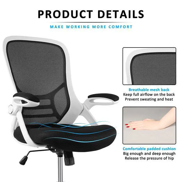 Alt view image 7 of 7 - Drafting Chair, Tall Office Chair Mesh Standing Desk Stool with Adjustable Foot Ring, Flip-Up Arms, White & Black