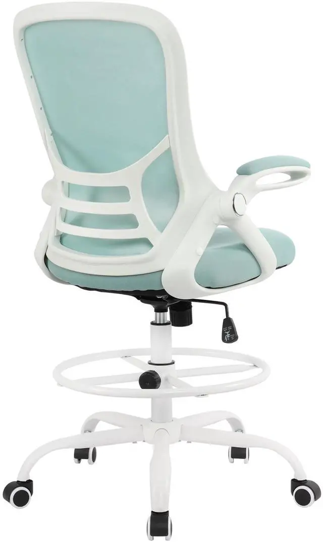 Main image of Drafting Chair Tiffany Blue, Tall Office Chair Standing Desk Stool with Adjustable Height, Foot Ring, Flip-Up Arms, Mesh High-Back Office Chair, White