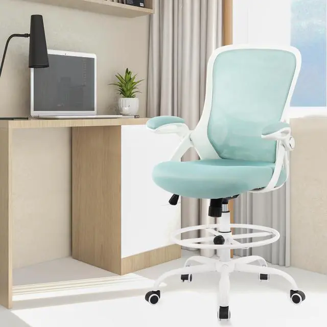 Alt view image 2 of 7 - Drafting Chair Tiffany Blue, Tall Office Chair Standing Desk Stool with Adjustable Height, Foot Ring, Flip-Up Arms, Mesh High-Back Office Chair, White