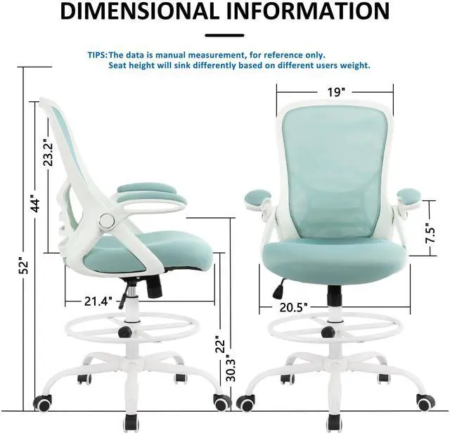 Alt view image 3 of 7 - Drafting Chair Tiffany Blue, Tall Office Chair Standing Desk Stool with Adjustable Height, Foot Ring, Flip-Up Arms, Mesh High-Back Office Chair, White