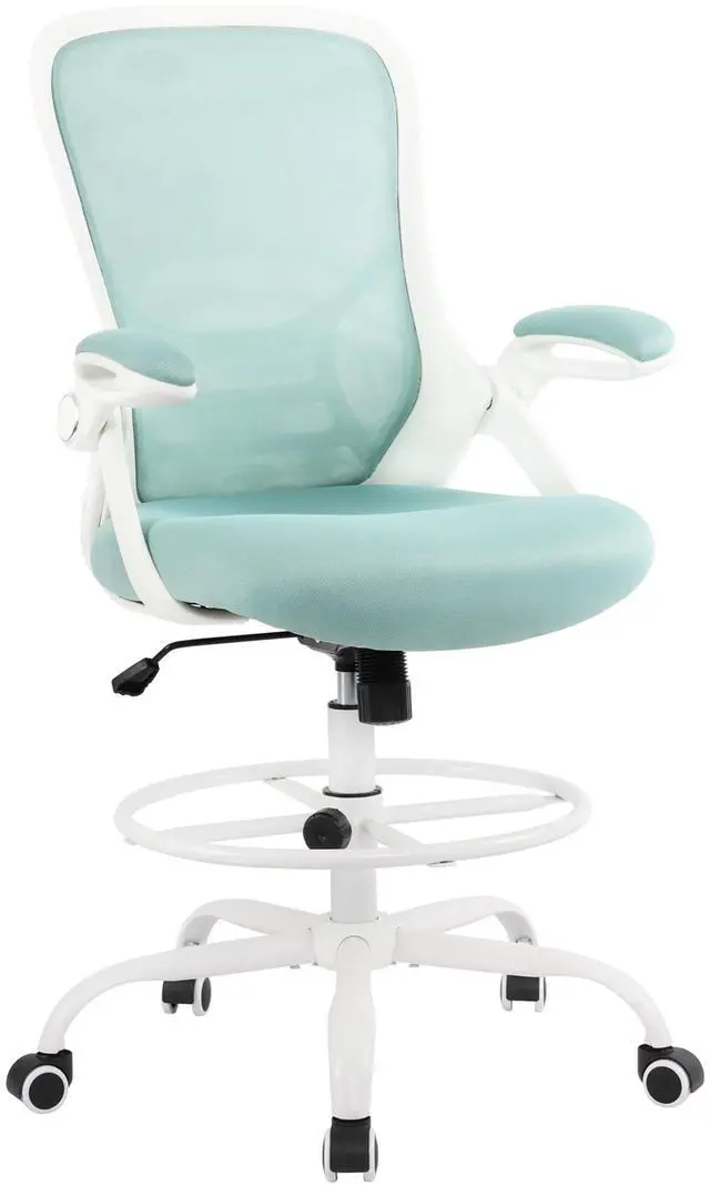 Alt view image 4 of 7 - Drafting Chair Tiffany Blue, Tall Office Chair Standing Desk Stool with Adjustable Height, Foot Ring, Flip-Up Arms, Mesh High-Back Office Chair, White