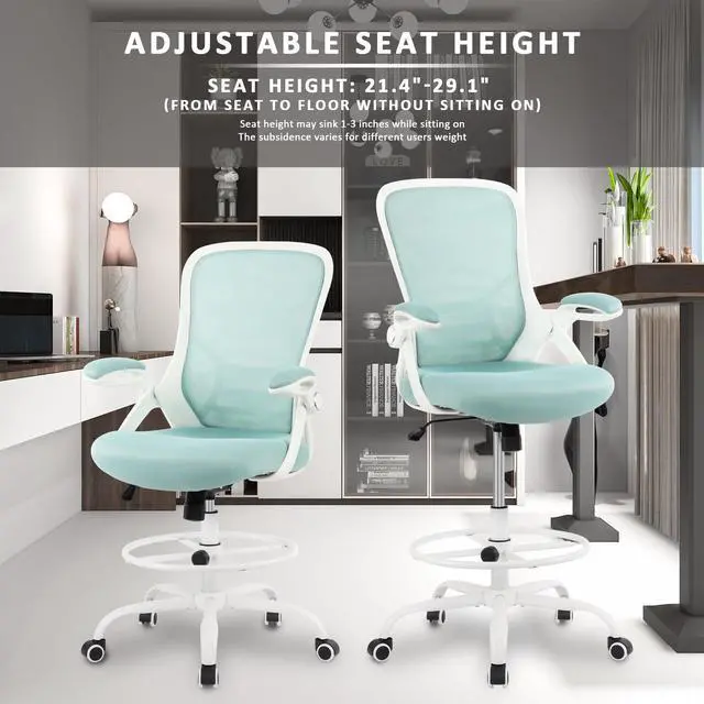 Alt view image 6 of 7 - Drafting Chair Tiffany Blue, Tall Office Chair Standing Desk Stool with Adjustable Height, Foot Ring, Flip-Up Arms, Mesh High-Back Office Chair, White