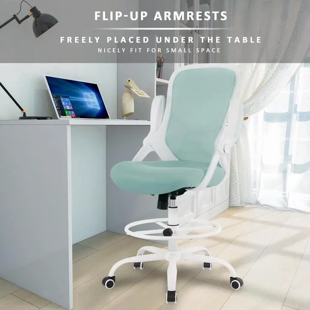 Alt view image 5 of 7 - Drafting Chair Tiffany Blue, Tall Office Chair Standing Desk Stool with Adjustable Height, Foot Ring, Flip-Up Arms, Mesh High-Back Office Chair, White