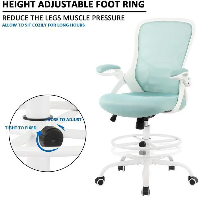 Alt view image 7 of 7 - Drafting Chair Tiffany Blue, Tall Office Chair Standing Desk Stool with Adjustable Height, Foot Ring, Flip-Up Arms, Mesh High-Back Office Chair, White