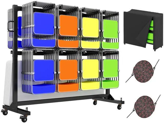 Main image of Folding Chair Rack for 12 Tables or 112 Chairs | Heavy-Duty Folding Chair Cart with 1250 LBS Capacity, Wheels, Elastic Cords and Cover, Glossy Black