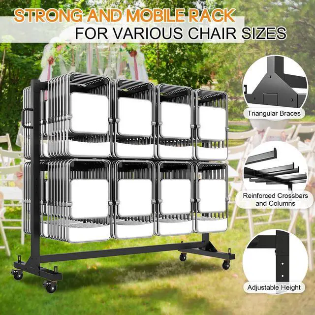 Alt view image 2 of 7 - Folding Chair Rack for 12 Tables or 112 Chairs | Heavy-Duty Folding Chair Cart with 1250 LBS Capacity, Wheels, Elastic Cords and Cover, Glossy Black