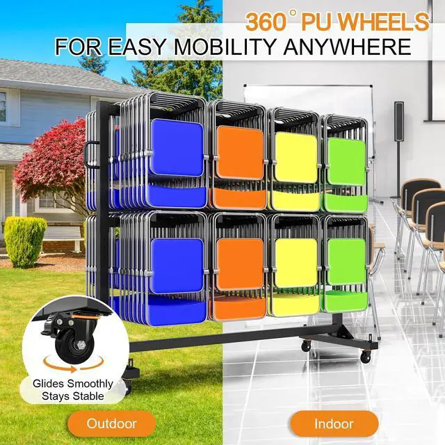 Alt view image 3 of 7 - Folding Chair Rack for 12 Tables or 112 Chairs | Heavy-Duty Folding Chair Cart with 1250 LBS Capacity, Wheels, Elastic Cords and Cover, Glossy Black