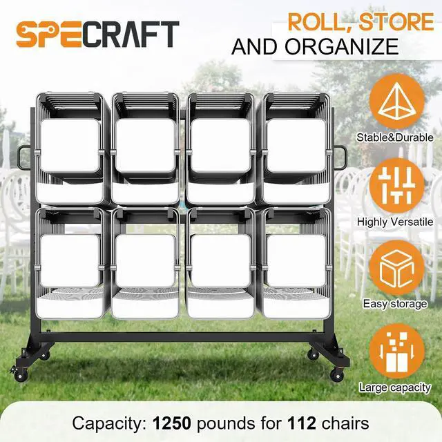 Alt view image 5 of 7 - Folding Chair Rack for 12 Tables or 112 Chairs | Heavy-Duty Folding Chair Cart with 1250 LBS Capacity, Wheels, Elastic Cords and Cover, Glossy Black