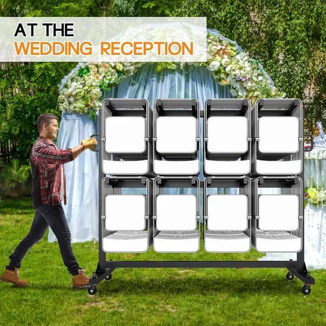 Alt view image 6 of 7 - Folding Chair Rack for 12 Tables or 112 Chairs | Heavy-Duty Folding Chair Cart with 1250 LBS Capacity, Wheels, Elastic Cords and Cover, Glossy Black