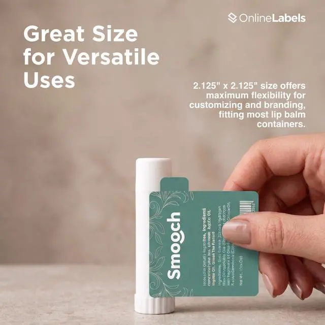 Alt view image 4 of 7 - OnlineLabels 2.125" x 2.125" Lip Balm Labels - Inkjet/Laser - 25 Sheets | Permanent Adhesive, Blank White Matte Lip Balm Labels with Safety Tab, Inkjet & Laser Compatible, Ideal for Lip Balm Tubes