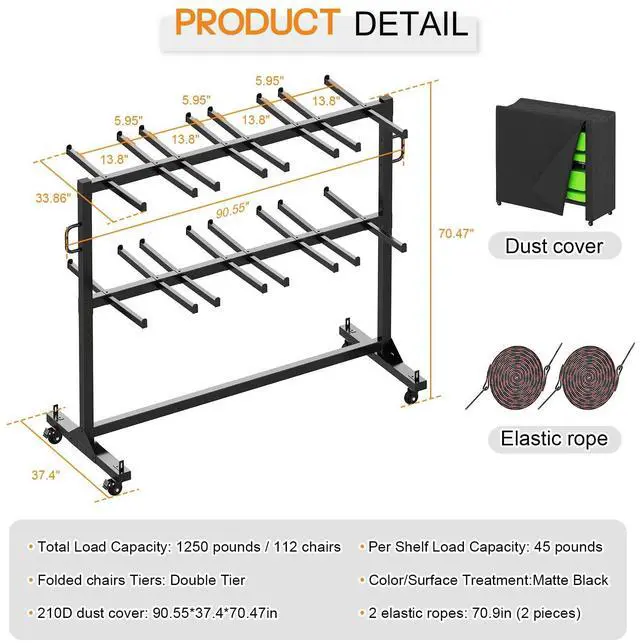 Alt view image 7 of 7 - Folding Chair Rack for 12 Tables or 112 Chairs | Heavy-Duty Folding Chair Cart with 1250 LBS Capacity, Wheels, Elastic Cords and Cover, Glossy Black
