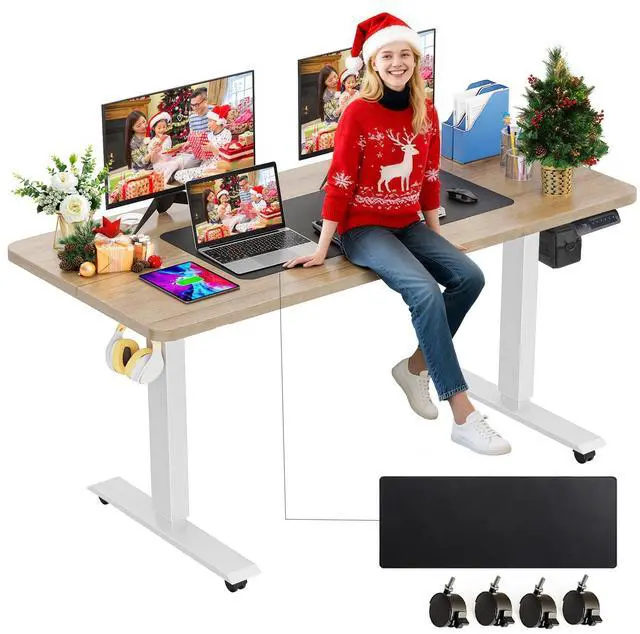 Main image of Electric Standing Desk Adjustable Height, 55 x 24 Inch Stand up Desk with Large Mouse Pad, Rolling Wheels & Foot Pad,27''-46'' Lifting Range Home Office Computer Desk(Oak Gray)