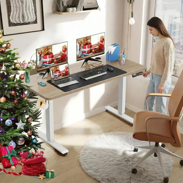 Alt view image 2 of 7 - Electric Standing Desk Adjustable Height, 55 x 24 Inch Stand up Desk with Large Mouse Pad, Rolling Wheels & Foot Pad,27''-46'' Lifting Range Home Office Computer Desk(Oak Gray)